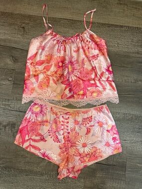 Floral Satin Cami & Short Pajama Set - Pink